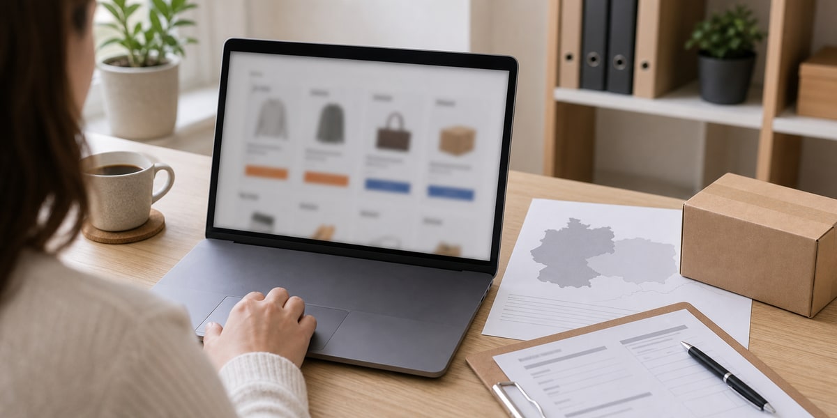Realistyczne zdjęcie biurka osoby kupującej online z Polski do Niemiec: laptop z neutralnym widokiem marketplace bez logotypów, obok kartka z listą kosztów dostawy, mapa Polski i Niemiec w tle, styl redakcyjny, jasne naturalne światło.