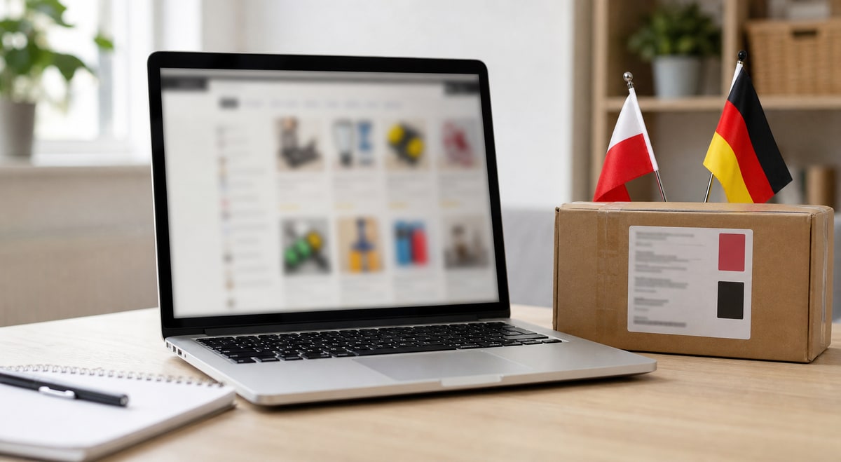 Sachliches Magazinbild eines neutralen Marketplace-Suchfensters auf einem Laptop, daneben ein Paket mit EU-Versandhinweis Polen nach Deutschland, helle Schreibtischszene, keine echten Logos oder Markenzeichen.