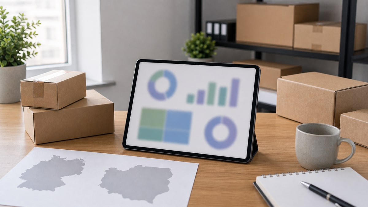 Realistisches redaktionelles Foto einer Analyse des deutschen E-Commerce-Marktes auf einem Laptop, Diagramm ohne konkrete Markendaten, Karte Polen-Deutschland, Versandkartons, sachliches Bürolicht.