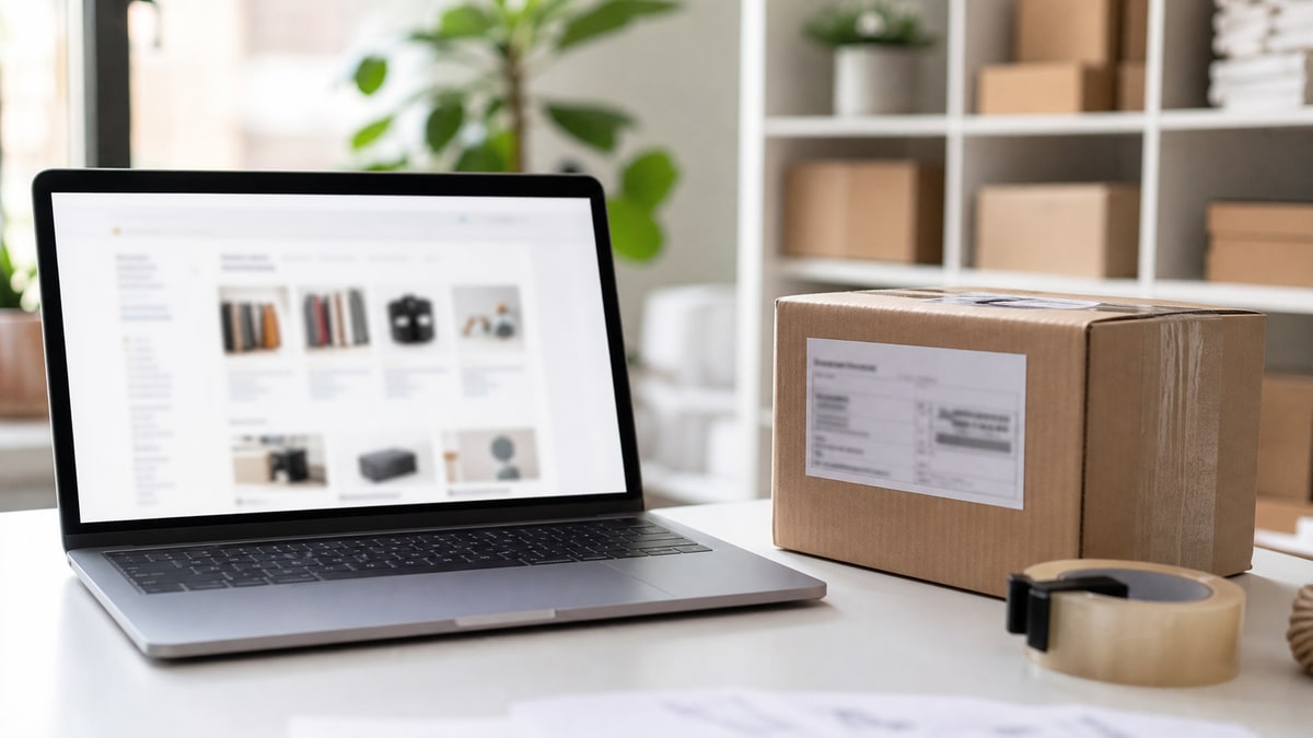 Realistische redaktionelle Aufnahme eines Laptops mit geöffneter neutraler E-Commerce-Oberfläche, daneben ein Paket mit Versandetikett Polen-Deutschland, helle Arbeitsfläche, sachlicher Magazinlook, keine Logos, keine Marken.