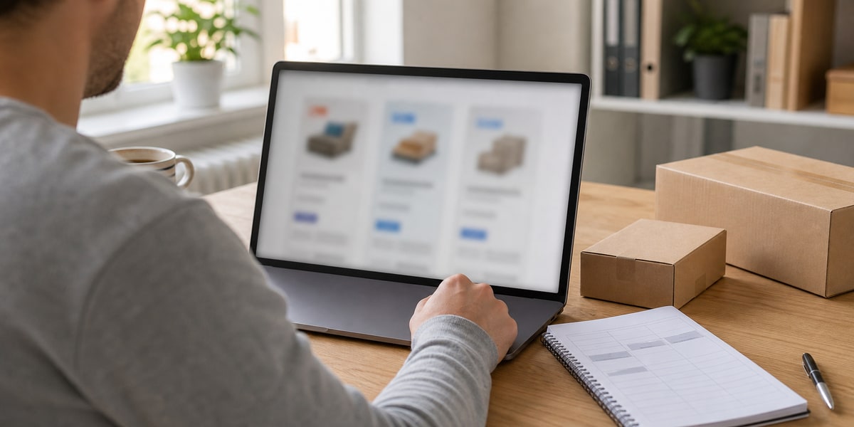 Nowoczesne, realistyczne ujęcie procesu porównywania polskich sklepów online: laptop, notatnik z kolumnami cena, dostawa, zwrot, małe paczki kurierskie, neutralny europejski kontekst bez logotypów, styl blogowy.