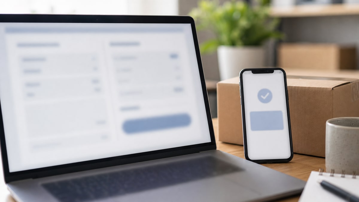 Realistisches redaktionelles Foto eines deutschen Online-Shop-Checkouts auf einem Laptop, daneben ein Smartphone mit bankbasierter Zahlungsbestätigung, neutrales Bürolicht, keine Marken, keine lesbaren personenbezogenen Daten.
